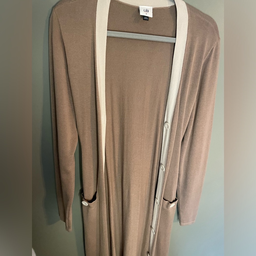 CAbi Taupe Long Cardigan with Cream Trim